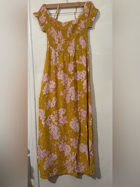 magnolia Skye . Smocked Bodice Mustard Floral Maxi Dress with Pink Bloom Print.